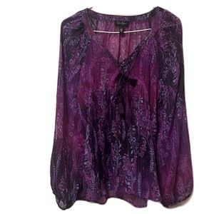 Jessica Simpson, Tie Up Neckline, Bishop Long Sleeves Top, Multi Colors, Size L